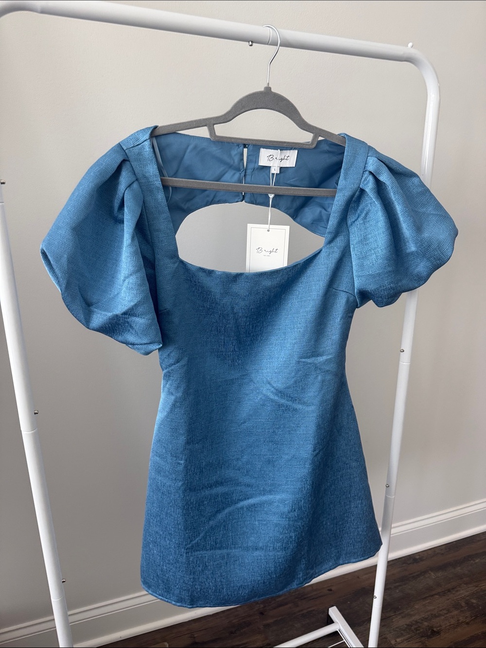 Square-Neck Puff Sleeve Mini Dress in Blue